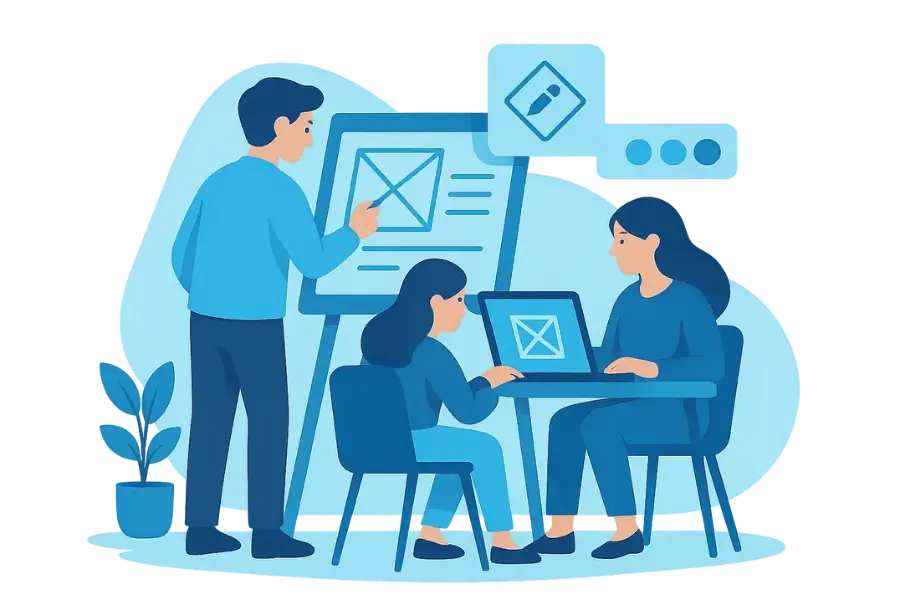 Equipo de trabajo diseñando wireframes